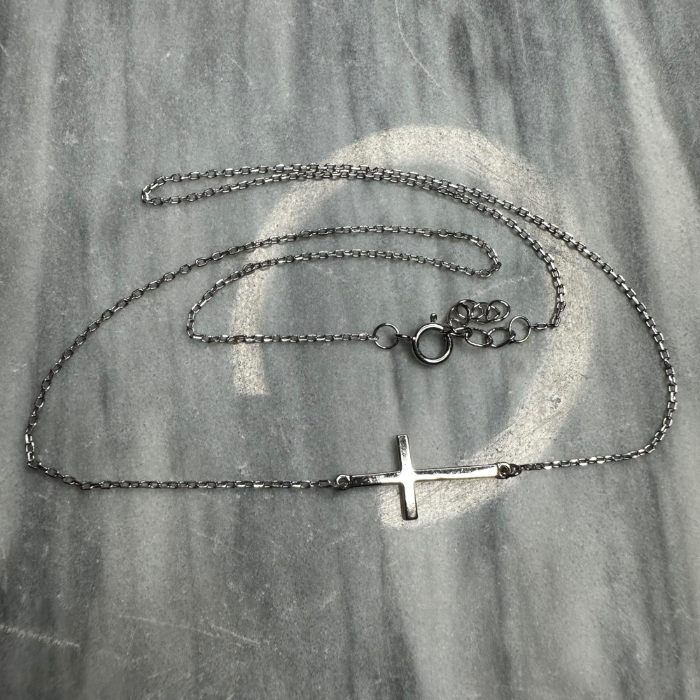 925‎ Sterling Silver Sideways Cross Necklace Minimalist Cable Chain 16-17 Inch
